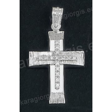 Βαπτιστικός σταυρός Κ14 για κορίτσι λευκόχρυσος με λουστρέ και γραμμωτό διαμαντέ φινίρισμα και ένθετο λευκόχρυσο σταυρό με άσπρες πέτρες ζιργκόν της σειράς Anorado