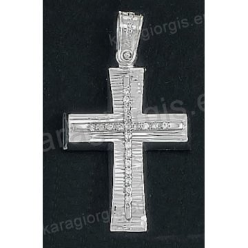 Βαπτιστικός σταυρός Κ18 για κορίτσι λευκόχρυσος με γραμμωτό διαμαντέ φινίρισμα και ένθετο λευκόχρυσο σταυρό με άσπρες πέτρες ζιργκόν της σειράς Anorado