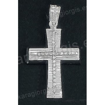 Βαπτιστικός σταυρός Κ18 για κορίτσι λευκόχρυσος με γραμμωτό διαμαντέ φινίρισμα και ένθετο λευκόχρυσο σταυρό με άσπρες πέτρες ζιργκόν της σειράς Anorado