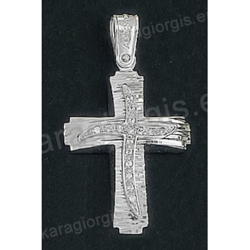 Βαπτιστικός σταυρός Κ18 για κορίτσι λευκόχρυσος με γραμμωτό διαμαντέ φινίρισμα και ένθετο λευκόχρυσο σταυρό με άσπρες πέτρες ζιργκόν της σειράς Anorado