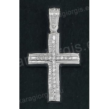 Βαπτιστικός σταυρός Κ14 για κορίτσι λευκόχρυσος με γραμμωτό διαμαντέ φινίρισμα και ένθετο λευκόχρυσο σταυρό με άσπρες πέτρες ζιργκόν της σειράς Anorado