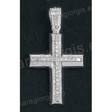 Βαπτιστικός σταυρός Κ18 για κορίτσι λευκόχρυσος Με δώρο την αλυσίδα με λουστρέ και γραμμωτό διαμαντέ φινίρισμα και ένθετο λευκόχρυσο σταυρό με άσπρες πέτρες ζιργκόν της σειράς Anorado