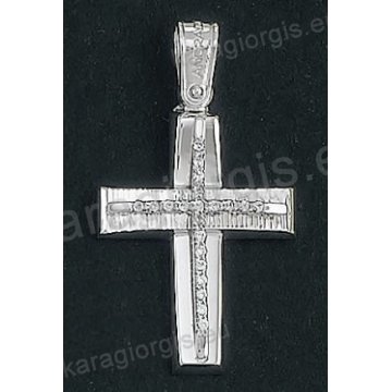 Βαπτιστικός σταυρός Κ18 για κορίτσι λευκόχρυσος Με δώρο την αλυσίδα με λουστρέ και γραμμωτό διαμαντέ φινίρισμα και ένθετο λευκόχρυσο σταυρό με άσπρες πέτρες ζιργκόν της σειράς Anorado