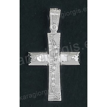 Βαπτιστικός σταυρός Κ18 για κορίτσι λευκόχρυσος Με δώρο την αλυσίδα με λουστρέ και γραμμωτό διαμαντέ φινίρισμα και ένθετη λευκόχρυση κάθετη γραμμή με άσπρες πέτρες ζιργκόν της σειράς Anorado