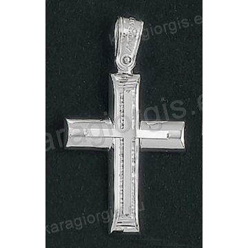 Βαπτιστικός σταυρός Κ18 για αγόρι λευκόχρυσος με λουστρέ και γραμμωτό διαμαντέ φινίρισμα με ένθετο λευκόχρυσο σταυρό της σειράς Anorado