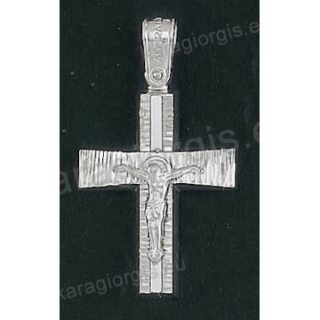 Βαπτιστικός σταυρός Κ14 για αγόρι λευκόχρυσος με γραμμωτό διαμαντέ φινίρισμα με λευκόχρυσο εσταυρωμένο της σειράς Anorado