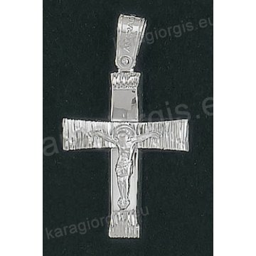 Βαπτιστικός σταυρός Κ14 για αγόρι λευκόχρυσος με λουστρέ και γραμμωτό διαμαντέ φινίρισμα με λευκόχρυσο εσταυρωμένο της σειράς Anorado
