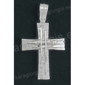 Βαπτιστικός σταυρός Κ14 για αγόρι λευκόχρυσος με γραμμωτό διαμαντέ φινίρισμα με διπλό ένθετο λευκόχρυσο σταυρό της σειράς Anorado