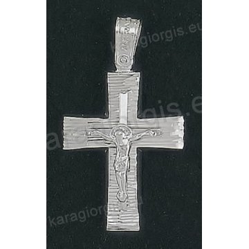 Βαπτιστικός σταυρός Κ14 για αγόρι λευκόχρυσος με γραμμωτό διαμαντέ φινίρισμα με λευκόχρυσο εσταυρωμένο της σειράς Anorado