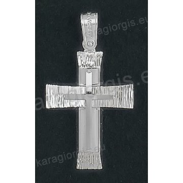 Βαπτιστικός σταυρός Κ14 για αγόρι λευκόχρυσος με λουστρέ και γραμμωτό διαμαντέ φινίρισμα με ένθετο λευκόχρυσο σταυρό της σειράς Anorado
