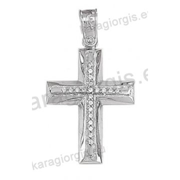 Βαπτιστικός σταυρός για κορίτσι λευκόχρυσος Κ14 με λουστρέ και γραμμωτό σαγρέ φινίρισμα με άσπρες πέτρες ζιργκόν
