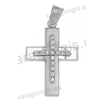 Βαπτιστικός σταυρός για κορίτσι λευκόχρυσος Κ14 με λουστρέ και ματ φινίρισμα με άσπρες πέτρες ζιργκόν