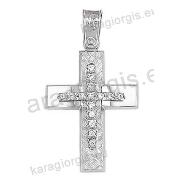Βαπτιστικός σταυρός για κορίτσι λευκόχρυσος Κ14 με λουστρέ και γραμμωτό σαγρέ φινίρισμα με άσπρες πέτρες ζιργκόν