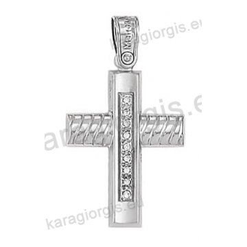 Βαπτιστικός σταυρός για κορίτσι λευκόχρυσος Κ14 με λουστρέ και ματ φινίρισμα με άσπρες πέτρες ζιργκόν