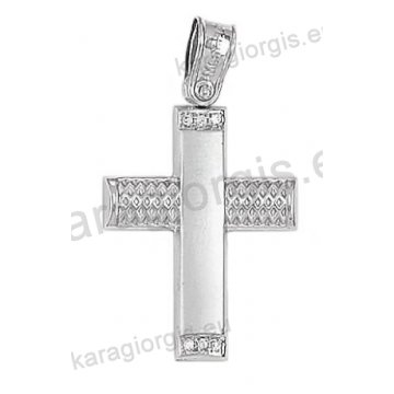 Βαπτιστικός σταυρός για κορίτσι λευκόχρυσος Κ14 με ματ και σκαλιστό φινίρισμα με άσπρες πέτρες ζιργκόν