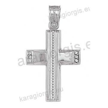 Βαπτιστικός σταυρός για κορίτσι λευκόχρυσος Κ14 με λουστρέ και σκαλιστό φινίρισμα με άσπρες πέτρες ζιργκόν