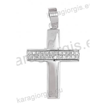 Βαπτιστικός σταυρός για κορίτσι λευκόχρυσος Κ14 με λουστρέ φινίρισμα με άσπρες πέτρες ζιργκόν