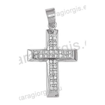 Βαπτιστικός σταυρός για κορίτσι λευκόχρυσος Κ14 με λουστρέ φινίρισμα με άσπρες πέτρες ζιργκόν