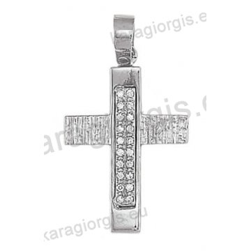Βαπτιστικός σταυρός για κορίτσι λευκόχρυσος Κ14 με λουστρέ και σφυρίλατο φινίρισμα με άσπρες πέτρες ζιργκόν