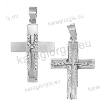 Βαπτιστικός σταυρός για κορίτσι λευκόχρυσος διπλής όψεως Κ14 με λουστρέ ματ και σφυρίλατο φινίρισμα με άσπρες πέτρες ζιργκόν