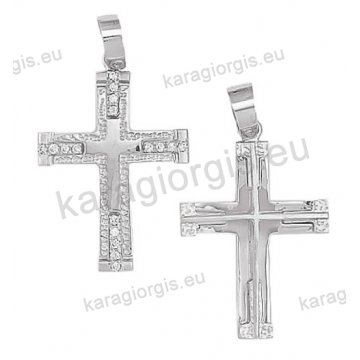 Βαπτιστικός σταυρός για κορίτσι λευκόχρυσος διπλής όψεως Κ14 με λουστρέ ματ και σφυρίλατο φινίρισμα με άσπρες πέτρες ζιργκόν