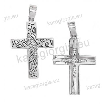 Βαπτιστικός σταυρός για κορίτσι λευκόχρυσος διπλής όψεως Κ14 με λουστρέ και ματ φινίρισμα με άσπρες πέτρες ζιργκόν