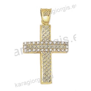 Βαπτιστικός σταυρός χρυσός για κορίτσι Κ14 με χιαστή πλέξη με άσπρες πέτρες ζιργκόν