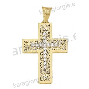 Βαπτιστικός σταυρός χρυσός για κορίτσι Κ14 με χιαστή πλέξη με άσπρες πέτρες ζιργκόν
