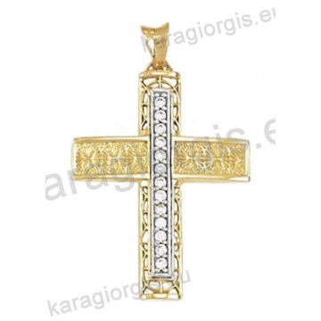 Βαπτιστικός σταυρός χρυσός για κορίτσι Κ14 με χιαστή πλέξη και σαγρέ φινίρισμα με άσπρες πέτρες ζιργκόν