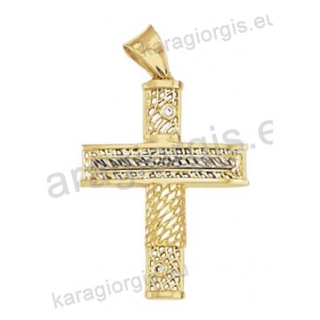 Βαπτιστικός σταυρός χρυσός με λευκόχρυσο για κορίτσι Κ14 με χιαστή πλέξη με άσπρες πέτρες ζιργκόν