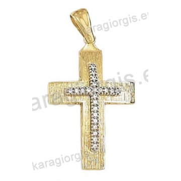 Βαπτιστικός σταυρός χρυσός για κορίτσι Κ14 με σαγρέ φινίρισμα με άσπρες πέτρες ζιργκόν