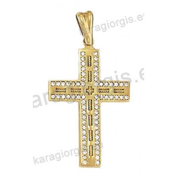 Βαπτιστικός σταυρός χρυσός για κορίτσι Κ14 με λουστρέ φινίρισμα με άσπρες πέτρες ζιργκόν