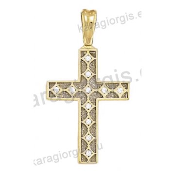 Βαπτιστικός σταυρός δίχρωμος χρυσός με λευκόχρυσο για κορίτσι Κ14 με σαγρέ φινίρισμα με άσπρες πέτρες ζιργκόν