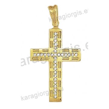 Βαπτιστικός σταυρός χρυσός για κορίτσι Κ14 με λουστρέ φινίρισμα με άσπρες πέτρες ζιργκόν