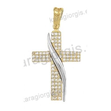 Βαπτιστικός σταυρός δίχρωμος χρυσός με λευκόχρυσο για κορίτσι Κ14 με άσπρες πέτρες ζιργκόν