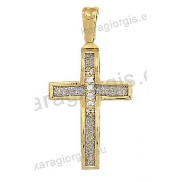 Βαπτιστικός σταυρός δίχρωμος χρυσός με λευκόχρυσο για κορίτσι Κ14 με σαγρέ και λουστρέ φινίρισμα με άσπρες πέτρες ζιργκόν