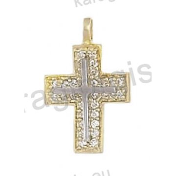 Σταυρός γυναικείος δίχρωμος Κ14 χρυσός με λευκόχρυσο ένθετο σταυρό με άσπρες πέτρες ζιργκόν