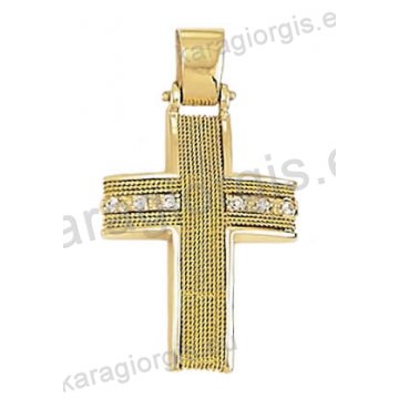Βαπτιστικός σταυρός Κ14 για κορίτσι χρυσός συρμάτινος με χρυσό σύρμα δουλεμένο στο χέρι με άσπρες πέτρες ζιργκόν