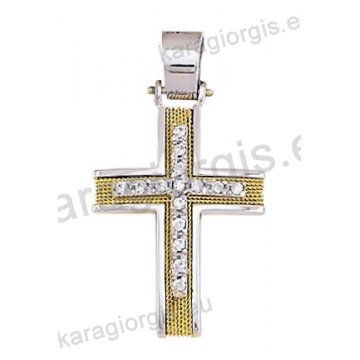 Βαπτιστικός σταυρός Κ14 για κορίτσι δίχρωμος συρμάτινος λευκόχρυσος με χρυσό σύρμα δουλεμένο στο χέρι με ένθετο λευκόχρυσο σταυρό με άσπρες πέτρες ζιργκόν