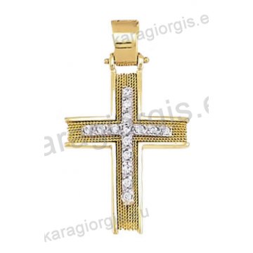Βαπτιστικός σταυρός Κ14 για κορίτσι χρυσός συρμάτινος με χρυσό σύρμα δουλεμένο στο χέρι με ένθετο λευκόχρυσο σταυρό με άσπρες πέτρες ζιργκόν