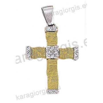 Βαπτιστικός σταυρός Κ14 για κορίτσι δίχρωμος συρμάτινος λευκόχρυσος με χρυσό σύρμα δουλεμένο στο χέρι με άσπρες πέτρες ζιργκόν