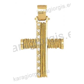 Βαπτιστικός σταυρός Κ14 για κορίτσι χρυσός συρμάτινος με χρυσό σύρμα δουλεμένο στο χέρι με άσπρες πέτρες ζιργκόν