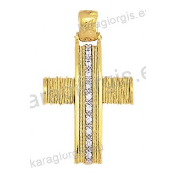 Βαπτιστικός σταυρός Κ14 για κορίτσι δίχρωμος συρμάτινος χρυσός με χρυσό σύρμα δουλεμένο στο χέρι με άσπρες πέτρες ζιργκόν