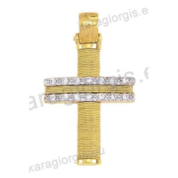 Βαπτιστικός σταυρός Κ14 για κορίτσι δίχρωμος συρμάτινος χρυσός με χρυσό σύρμα δουλεμένο στο χέρι με άσπρες πέτρες ζιργκόν