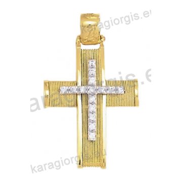 Βαπτιστικός σταυρός Κ14 για κορίτσι χρυσός συρμάτινος με χρυσό σύρμα δουλεμένο στο χέρι με ένθετο λευκόχρυσο σταυρό με άσπρες πέτρες ζιργκόν