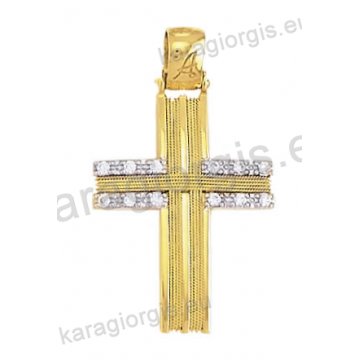 Βαπτιστικός σταυρός Κ14 για κορίτσι δίχρωμος συρμάτινος χρυσός με χρυσό σύρμα δουλεμένο στο χέρι με άσπρες πέτρες ζιργκόν