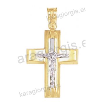 Βαπτιστικός σταυρός Κ14 για αγόρι δίχρωμος χρυσός με ένθετο λευκόχρυσο εσταυρωμένο με λουστρέ φινίρισμα