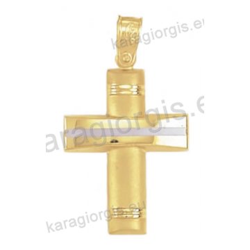 Βαπτιστικός σταυρός Κ14 για αγόρι δίχρωμος χρυσός με ματ και λουστρέ φινίρισμα με ένθετο λευκόχρυσο σταυρό