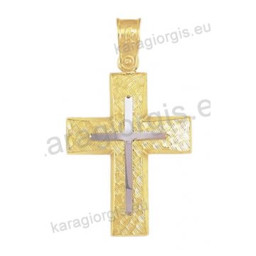 Βαπτιστικός σταυρός Κ14 για αγόρι δίχρωμος χρυσός με γραμμωτό σαγρέ φινίρισμα με ένθετο λευκόχρυσο σταυρό