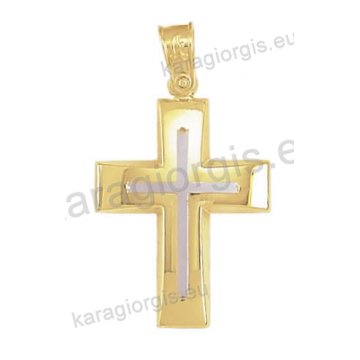 Βαπτιστικός σταυρός Κ14 για αγόρι δίχρωμος χρυσός με λουστρέ φινίρισμα με ένθετο λευκόχρυσο σταυρό